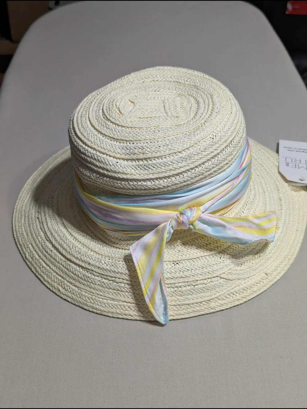 Three Bird Nest Women's Cream Straw Sun Hat with Pastel Scarf